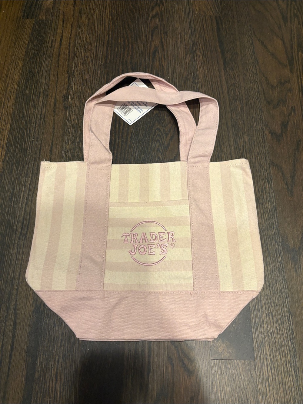 Sold out stripe Embroidered mini canvas tote pink purple tan nwt Trader Joe’s